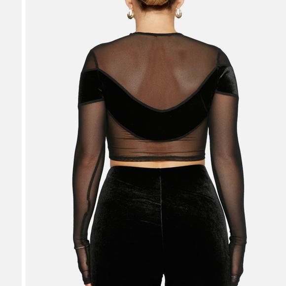 Naked Wardrobe Black Sheer Mesh And Velvet Long Sleeve Crop Top Size Small - Picture 2 of 7
